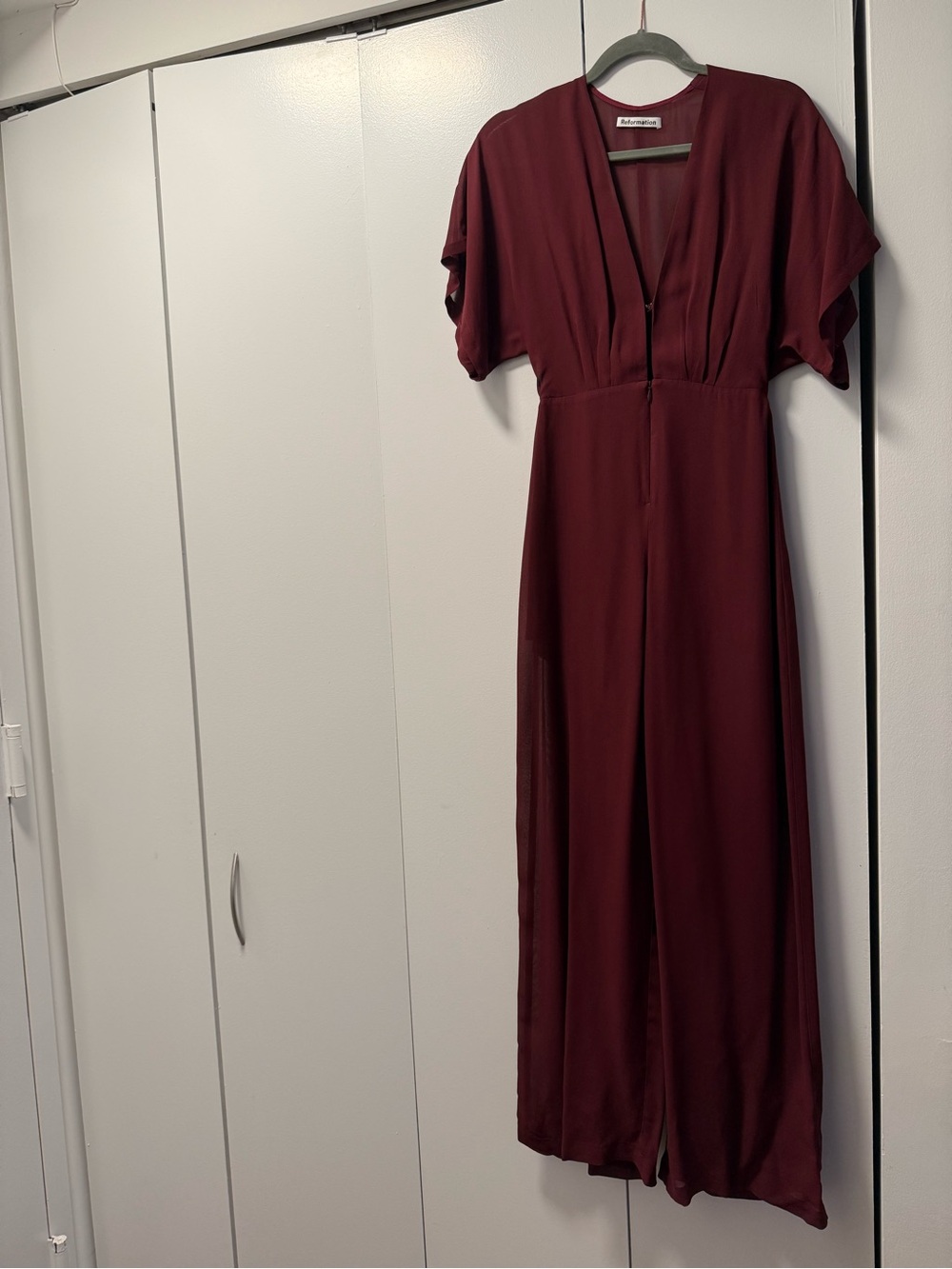 Reformation Wine-Red Wide-Leg Jumpsuit with Waist Sash - Picture 4 of 6